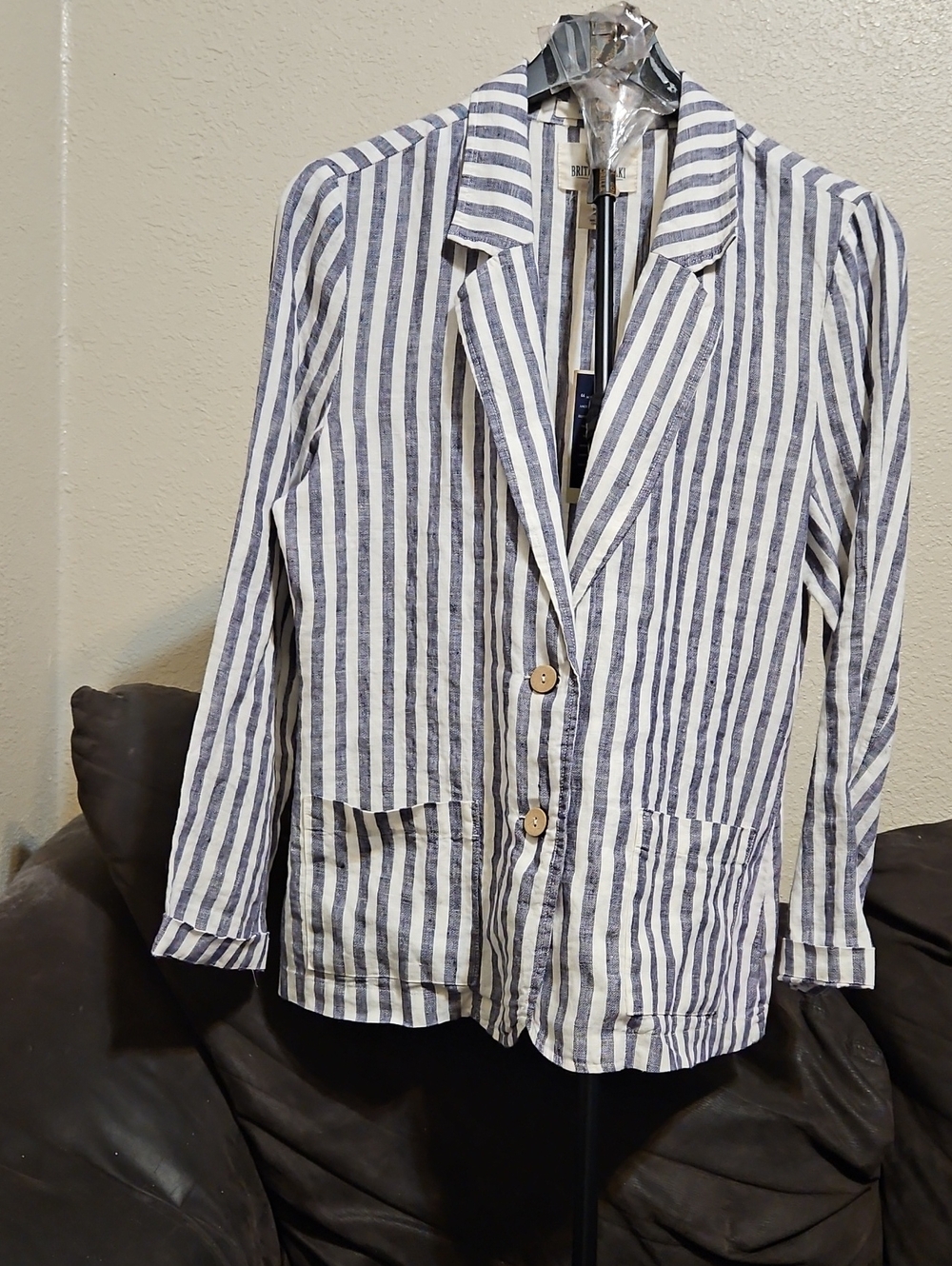 British Khaki 100% Linen Navy & White Striped Blazer